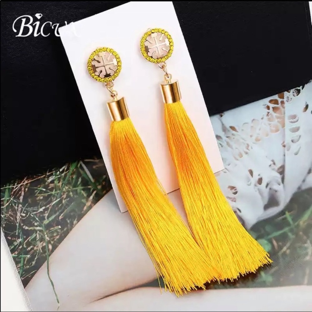 New  Bohemian Tassel Crystal Fabric Long Earrings - Picture 3 of 3
